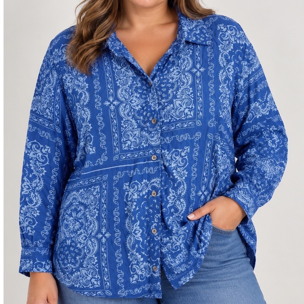 Blue Bandana Paisley Tunic Blouse Womens 18 20W Plus Rayon Western Boho Button